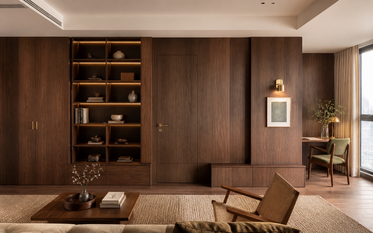 中古风门墙柜一体化空间设计效果示意